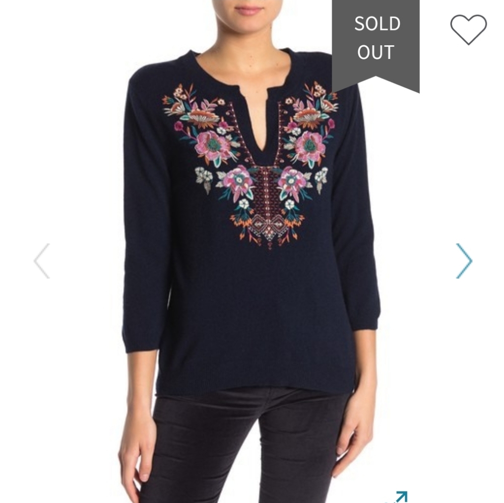 NWOT Johnny Was Cashmere Embroidered Sweater